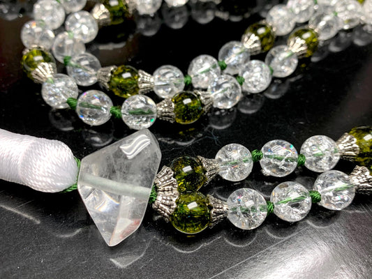 Himalayan Nirvana Mala Beaded Necklace – 8mm Ice Quartz & Peridot Beads | 8mm 108 Beads | Crown & Heart Chakras | August Birthstone Energy | Ethically Sourced