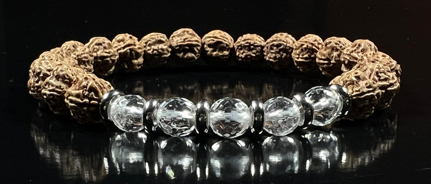 5 Mukhi Chikna Rudraksha Bracelet with Crystal Quartz | Stretch Beads for Balance & Clarity