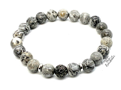 Scenic Jasper & Lava Rock Stretch Bracelet – Adjustable Size 5.5-9.5 Inches – Birthstone for Virgo & Libra - Root & Sacral Chakra