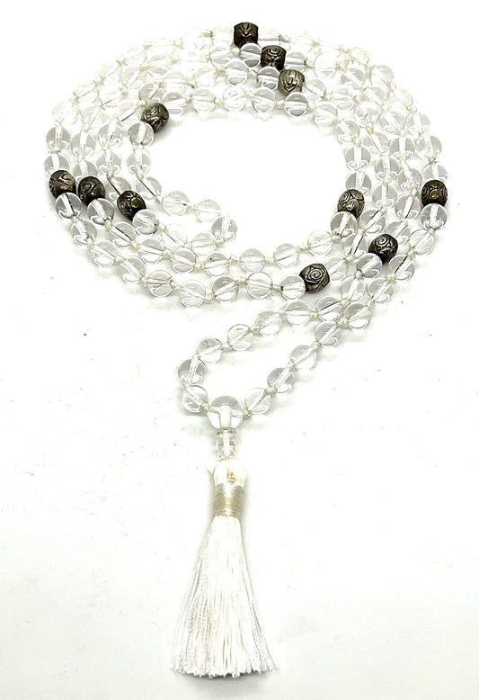 Certified Energized Mala Beads Necklace with COA - Chakra Mala - Japa Mala - 8mm 108 Buddhist Prayer Beads - Meditation Mala - Tassel Necklace – Zodiac/Sun Sign stones (Crystal Quartz)