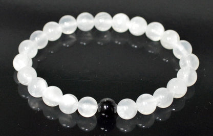 Selenite and Tourmaline Stretch Bracelet – Crown Chakra, Cancerian Birthstone