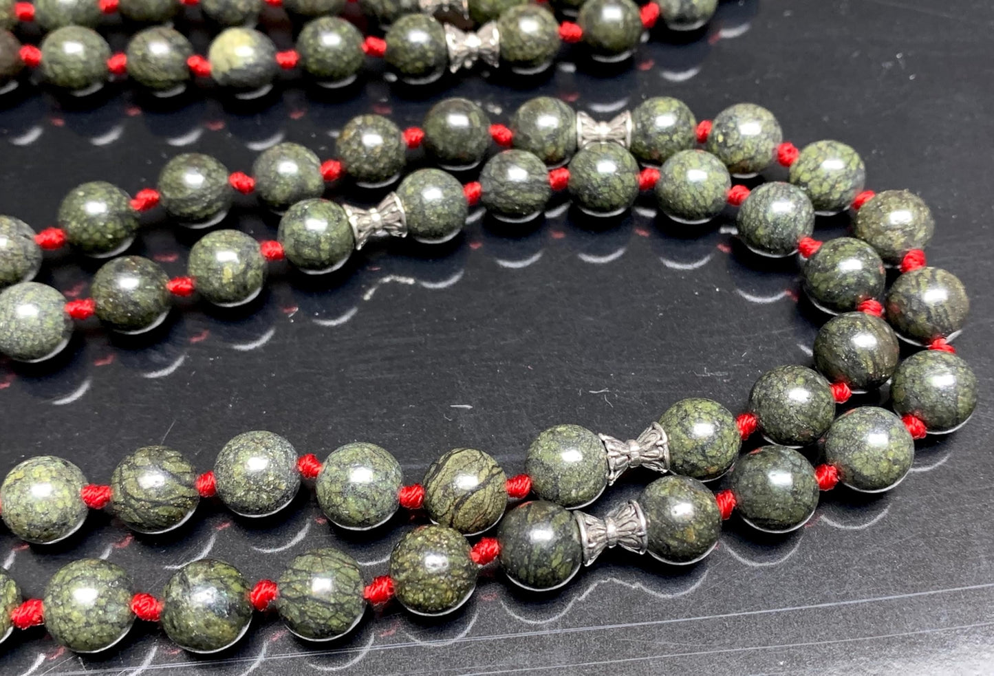 Hand Knotted Sacred Serpent Mala – Serpentine Beads | 8mm 108 Beads | Heart Chakra | May Birthstone Energy | Ethically Sourced