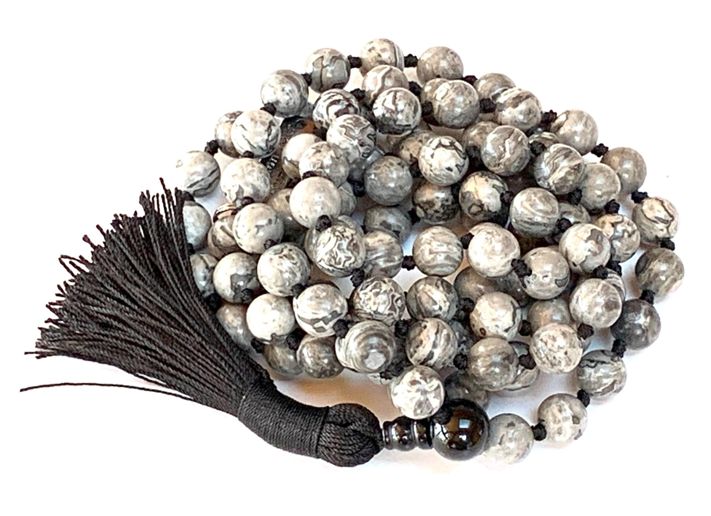 Hand Knotted Scenic Jasper Mala Beads Necklace with Black Onyx Guru Bead – 108 Beads – 6mm & 8mm – Root Chakra & Aries Birthstone – Spiritual Meditation Jewelry