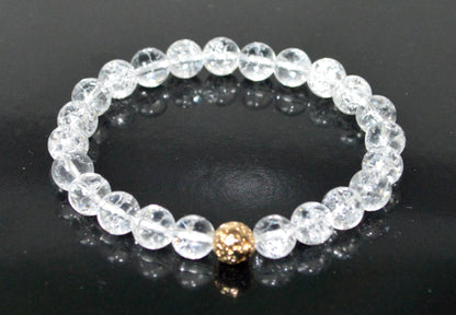 Himalayan Ice Crystal Quartz and Lava Beads Stretch Bracelet – Multi Tone Finish – Aries Birthstone – Universal Sun Sign - Crown Chakra Energy Bracelet