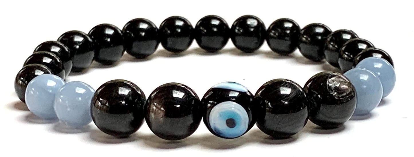 Empath Bracelet | Angelite, Tourmaline, Apache Tear, Evil Eye | 8mm Beads | 7.5 Inch | Throat, Root, Sacral Chakra Balance | Taurus Birthstone