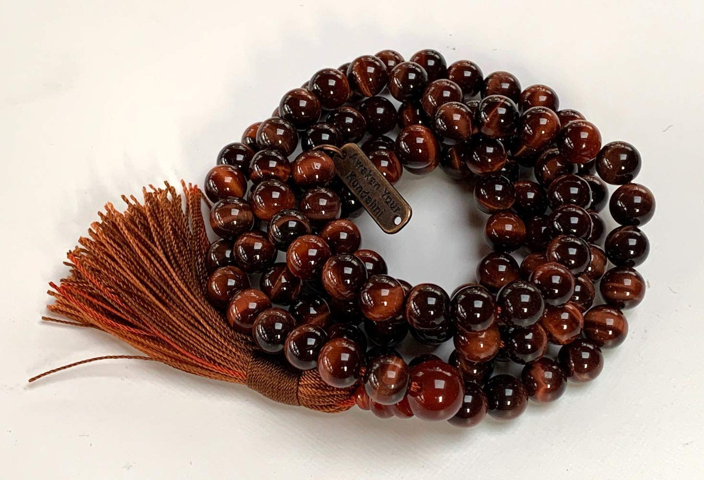 Tiger Eye Tiger's Eye Mala Beads Necklace 3rd Chakra Throat Chakra Healing Crystals 108 Prayer Beads - Grounding Integrity Will Power Intution Insomnia Libido Powerful (RED, Bead size 8 mm)