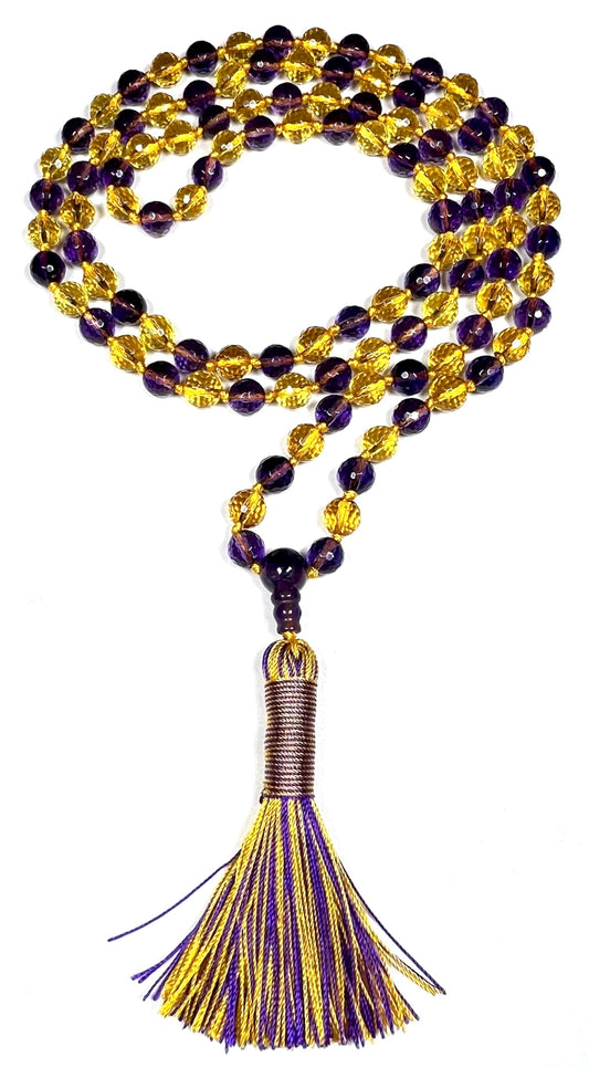 Sun & Moon Harmony Beaded Necklace – Faceted Citrine & Amethyst Crystals | 8mm 108 Mala Beads | Solar Plexus & Crown Chakras | February & November Birthstones | Ethically Sourced