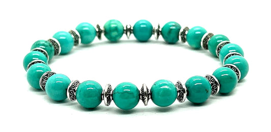 Handmade Turquoise Stretch Bracelet (8mm Beads, Silver Spacers) - Sagittarius Birthstone, Zodiac Sign, and Throat Chakra - Wrist Size Approx. 7 Inches
