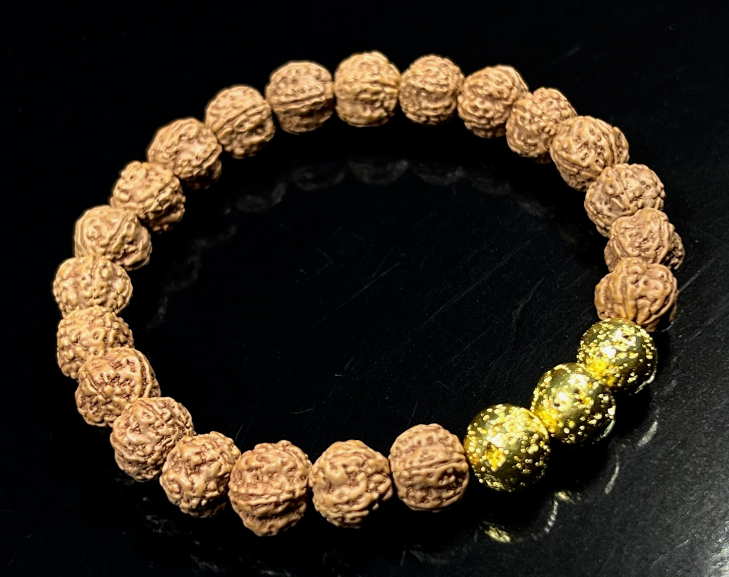 VULCAN Rudraksha & Lava Bracelet | Gold-Plated Stretch | 8mm Beads