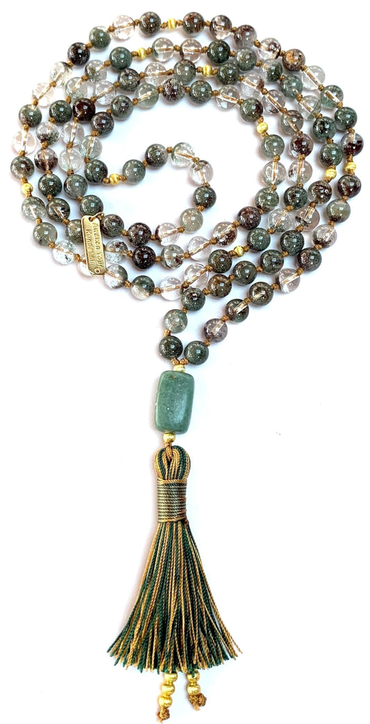 Hand Knotted Lodolite (Garden Quartz) Mala Beads Necklace – 8mm 108 Beads | Heart Chakra & May Birthstone | Ethically Sourced