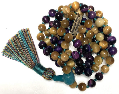 Embrace Balance and Beauty with this Exquisite Golden and Purple Tiger's Eye Mala Beads Necklace - Leo & Sagittarius Birthstone, Solar Plexus & Crown Chakra
