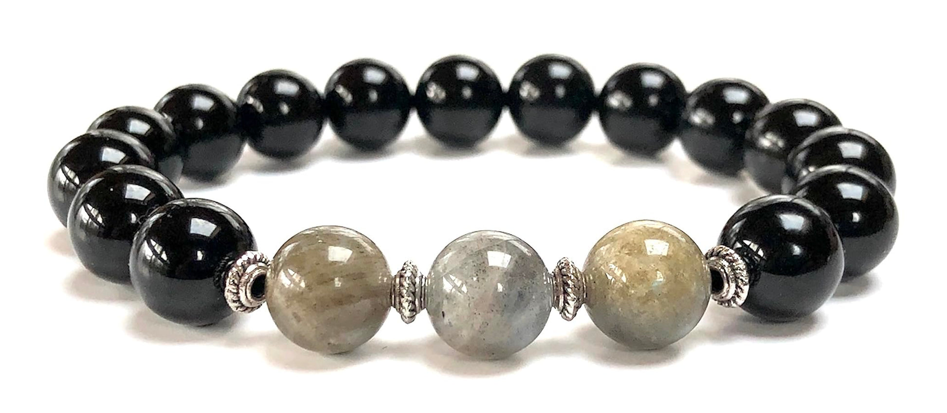 Black Tourmaline Labradorite Stretch Bracelet 8mm Beads Hand-Knotted Handmade USA VESTA Collection Root Chakra Third Eye Chakra Protection Abundance Manifestation EMF Shield Grounding Prosperity Psychic Awakening Stone of Magic Mystical Transformation Natural Stone AYK