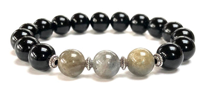 Black Tourmaline & Labradorite Stretch Bracelet – Birthstone for October, Sun Sign Scorpio & Libra, Root & Third Eye Chakra