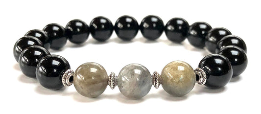 Black Tourmaline & Labradorite Stretch Bracelet – Birthstone for October, Sun Sign Scorpio & Libra, Root & Third Eye Chakra