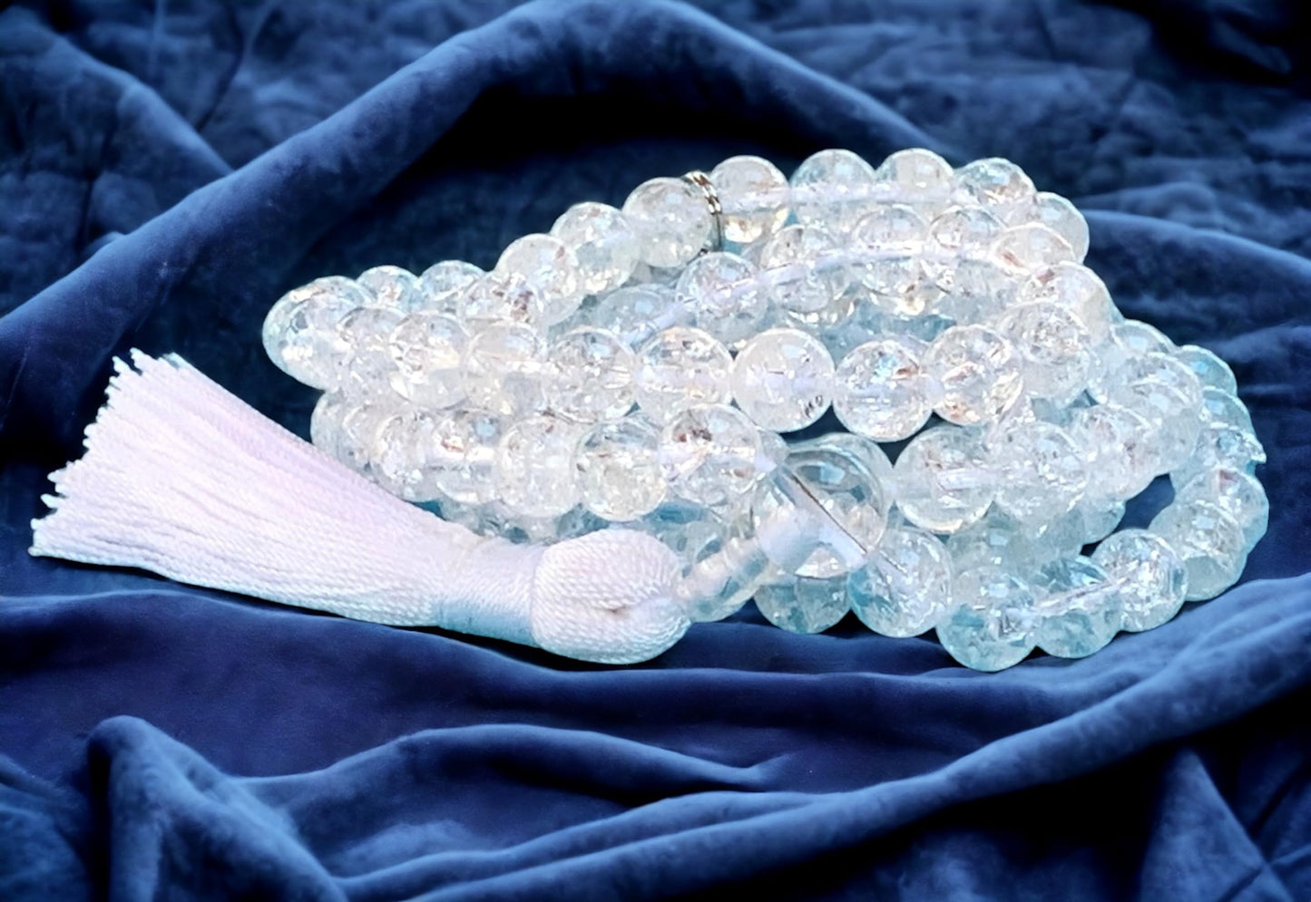 Himalayan Ice Crystal Quartz Mala Necklace: All Zodiac Signs - Clarity & Amplification - Crown Chakra (8mm 108 Beads)