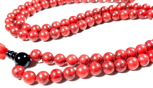 Handmade Red Howlite Mala Beads Necklace | 8mm 108 Beads | Black Onyx Guru Bead | Hand-Knotted Spiritual Jewelry | Birthstone & Root Chakra Energy