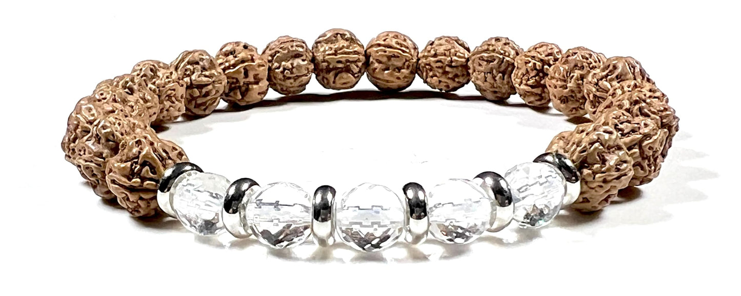 5 Mukhi Chikna Rudraksha Bracelet with Crystal Quartz | Stretch Beads for Balance & Clarity