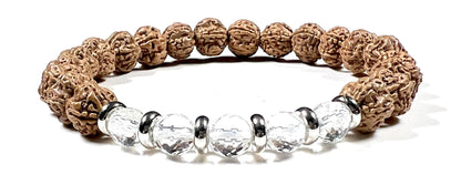 5 Mukhi Chikna Rudraksha Bracelet with Crystal Quartz | Stretch Beads for Balance & Clarity
