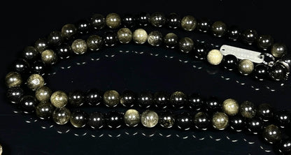 Golden Sheen Obsidian Mala Necklace - 8mm 108 Beads - Scorpio & Sagittarius Birthstone for October November December - Root & Solar Plexus Chakra