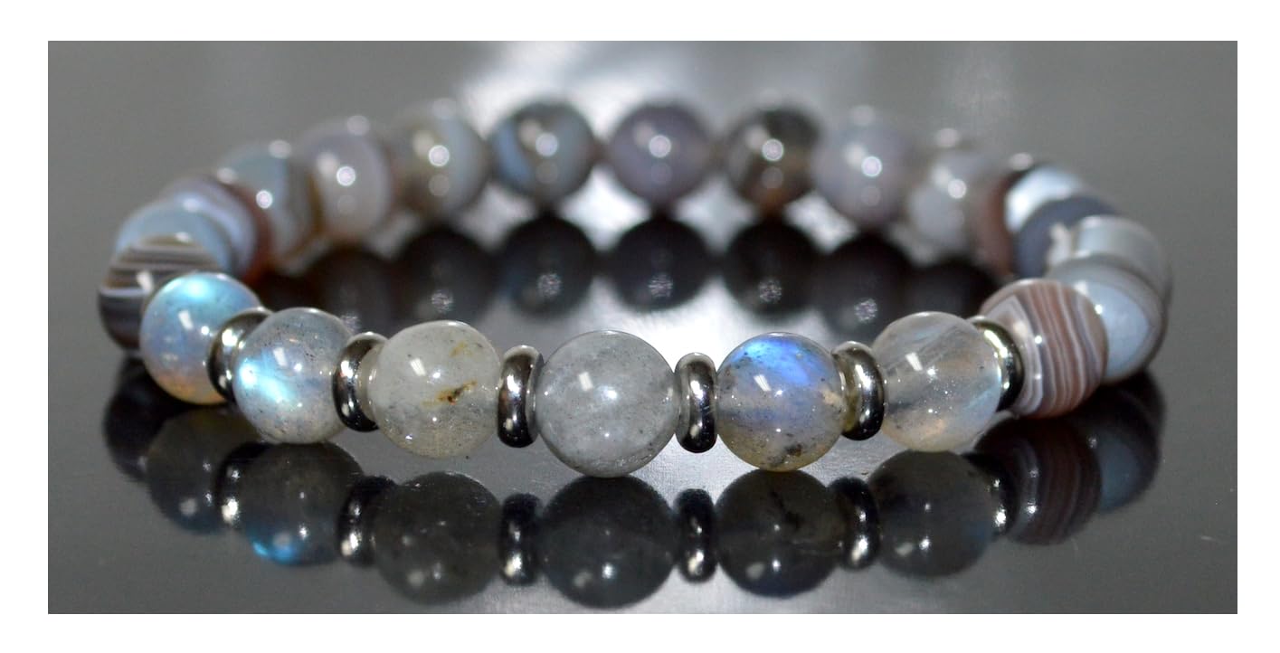 Botswana Agate & Labradorite Stretch Bracelet - Gemini & Pisces Birthstone - Root & Third Eye Chakra