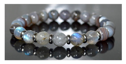 Botswana Agate & Labradorite Stretch Bracelet - Gemini & Pisces Birthstone - Root & Third Eye Chakra
