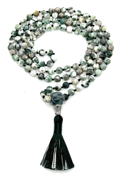 Certified Energized Mala Beads Necklace with COA - Chakra Mala - Japa Mala - 8mm 108 Buddhist Prayer Beads - Meditation Mala - Tassel Necklace – Zodiac/Sun Sign stones (Green Tree Agate)