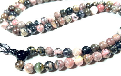 Rhodonite Mala Beads Necklace – 8mm, 108 Beads – Heart Chakra, Taurus & Libra Birthstone