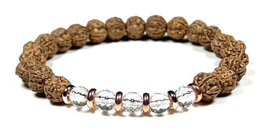 5 Mukhi Chikna Rudraksha Bracelet with Crystal Quartz | Stretch Beads for Balance & Clarity