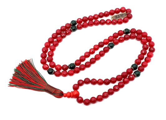 Faceted Red Agate and Green Agate Mala Necklace | 8mm, 108 Beads | August & May Birthstones, Leo & Taurus Zodiac, Heart & Root Chakras