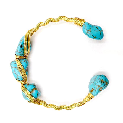 Natural Turquoise Bangle – December Birthstone Bracelet – Handmade Wire Wrapped Adjustable Bangle with 18k Gold Plating – Throat Chakra – Ethically Sourced Gemstone Jewelry Gift for Women & Moms