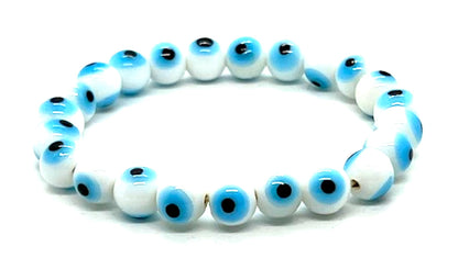 Purity & New Beginnings: Handmade White Evil Eye Charm Bracelet (8mm Beads) - Cancer & Virgo Birthstone