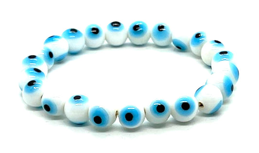 Purity & New Beginnings: Handmade White Evil Eye Charm Bracelet (8mm Beads) - Cancer & Virgo Birthstone