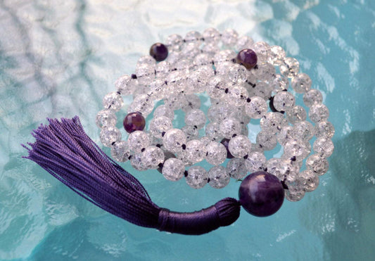 Crackled Quartz & Amethyst Mala Necklace | 108 Beads | Crown Chakra | PRABHA Collection