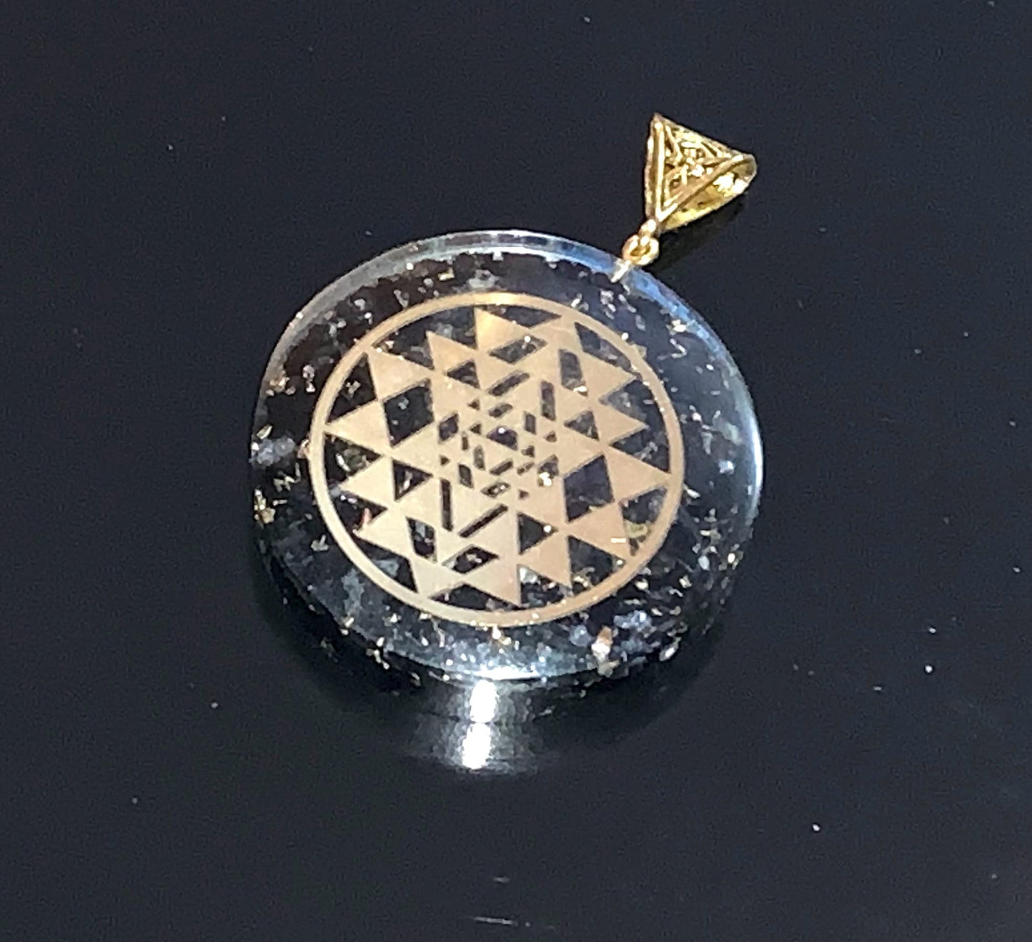 Shungite Sri Yantra Orgone Pendant Necklace, Aquarius Gemstone, Root & Crown Chakra