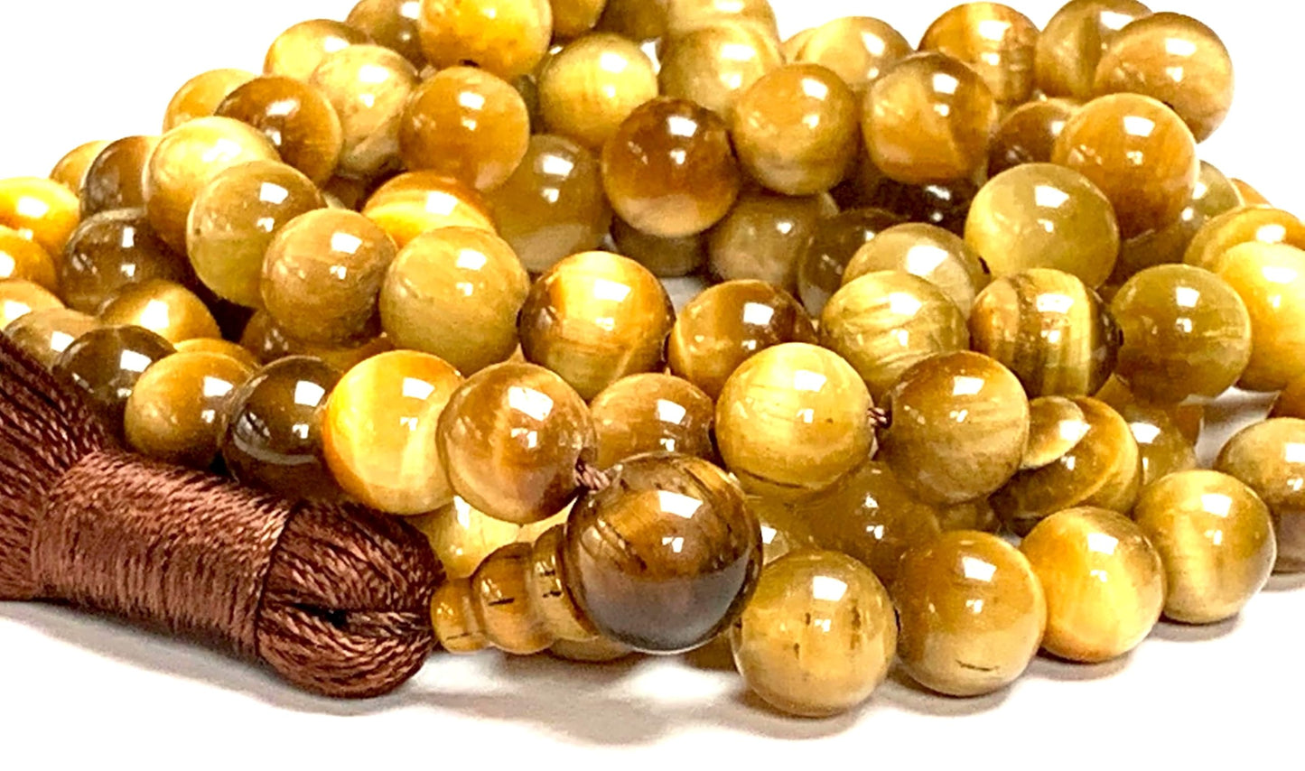 Handmade Tiger's Eye Mala Beads Necklace – 8mm 108 Beads – Multicolor Options – Solar Plexus Chakra & Zodiac Birthstones – Meditation Jewelry