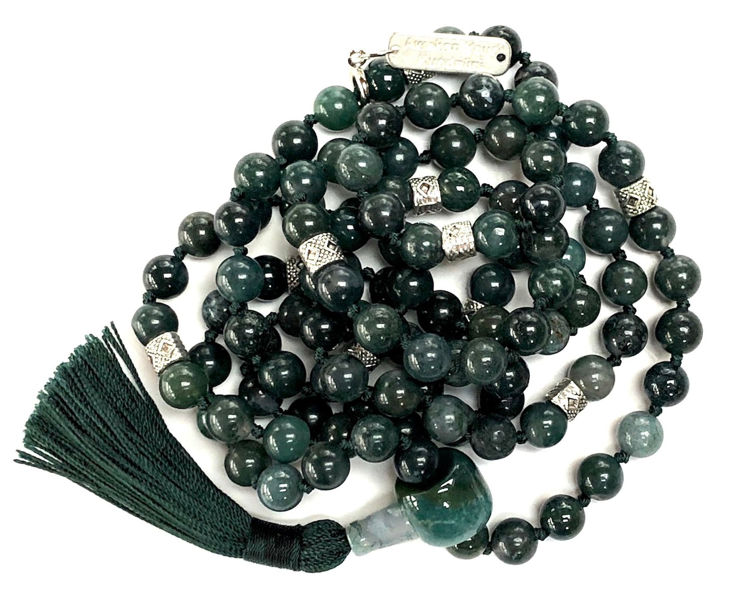 Hand-Knotted Moss Agate Mala Necklace (8mm, 108 Beads) - Virgo Birthstone & Heart Chakra - Find Balance & Harmony