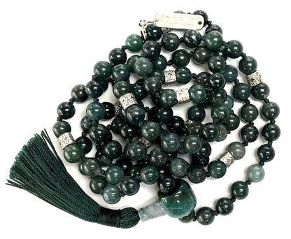 Hand-Knotted Moss Agate Mala Necklace (8mm, 108 Beads) - Virgo Birthstone & Heart Chakra - Find Balance & Harmony