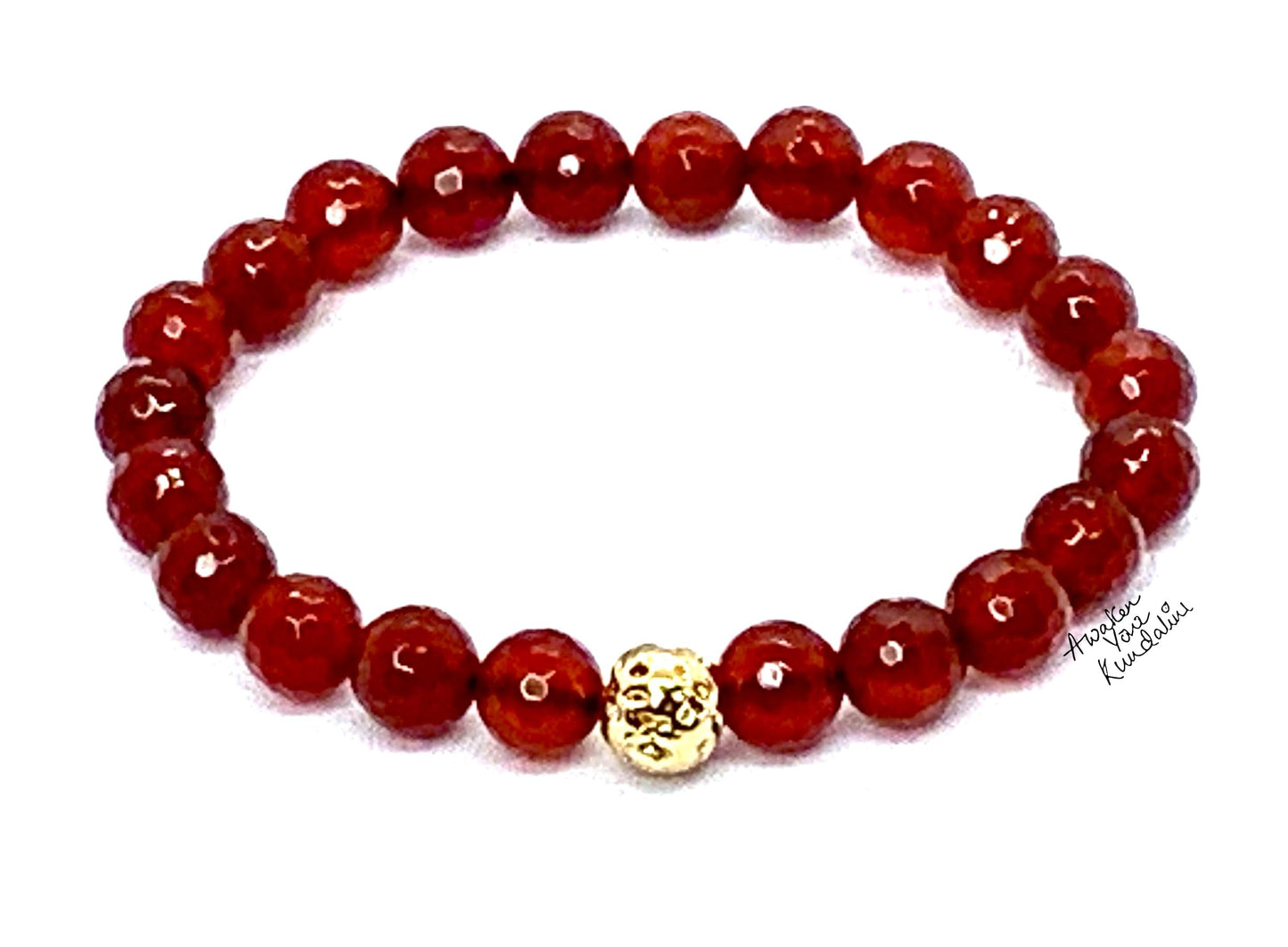 Red Carnelian & Golden Finish Lava Rock Stretch Bracelet – 8mm Beads – AAA Grade Faceted – Sacral Chakra & Leo Birthstone