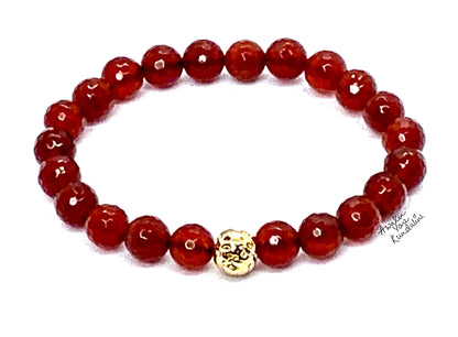 Red Carnelian & Golden Finish Lava Rock Stretch Bracelet – 8mm Beads – AAA Grade Faceted – Sacral Chakra & Leo Birthstone