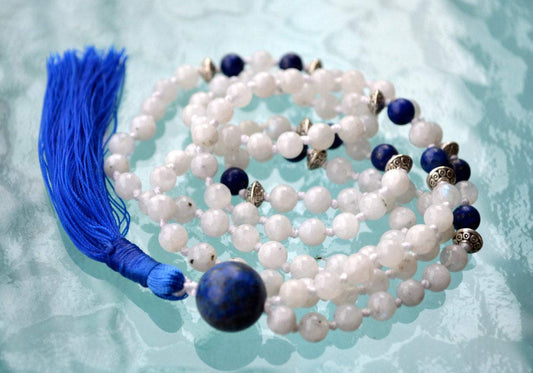 Awaken Your Kundalini 6 mm, 8 mm, AAA Grade Moonstone Mala Beads Necklace, (Knotted Moonstone & Lapis Lazuli, Moonstone bead ; 6 mm)
