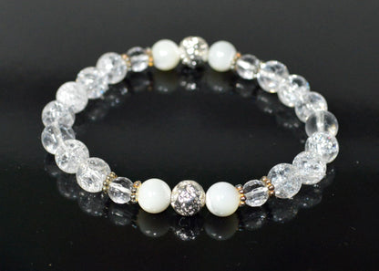 Handmade AAA Crackled and Faceted Crystal Quartz with Mother of Pearl Stretch Bracelet, Gemini Birthstone, May-June Sun Sign, Crown Chakra
