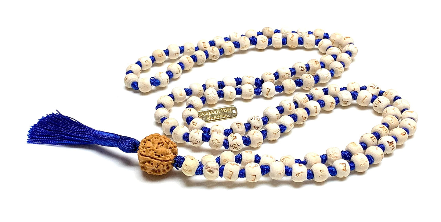 AWAKEN YOUR KUNDALINI Spiritual Harmony Tulsi Mala Necklace with 5 Mukhi Rudraksha - Cancerian Birthstone - Heart & Sacral Chakra Balance