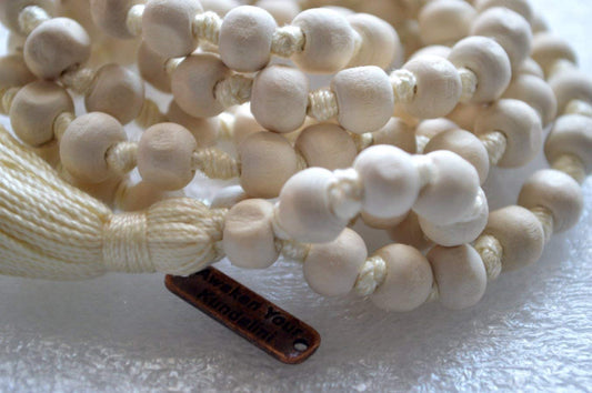 Tulsi Mala Beaded Necklace - Hand Knotted Tulasi Beads - 7 Chakra Mala (White String)