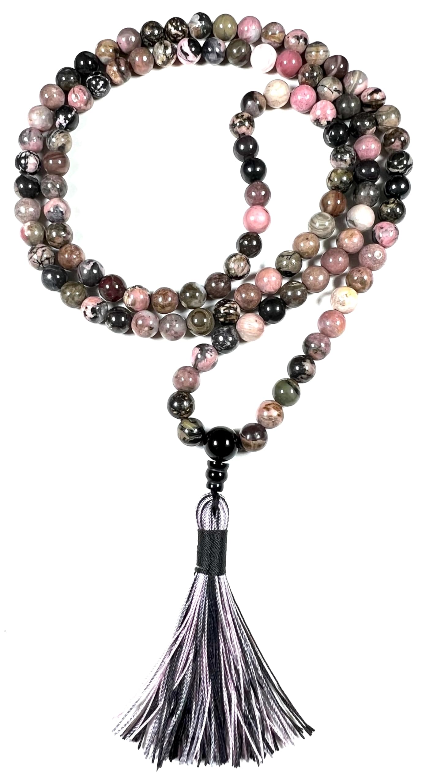 Rhodonite Mala Beads Necklace – 8mm, 108 Beads – Heart Chakra, Taurus & Libra Birthstone