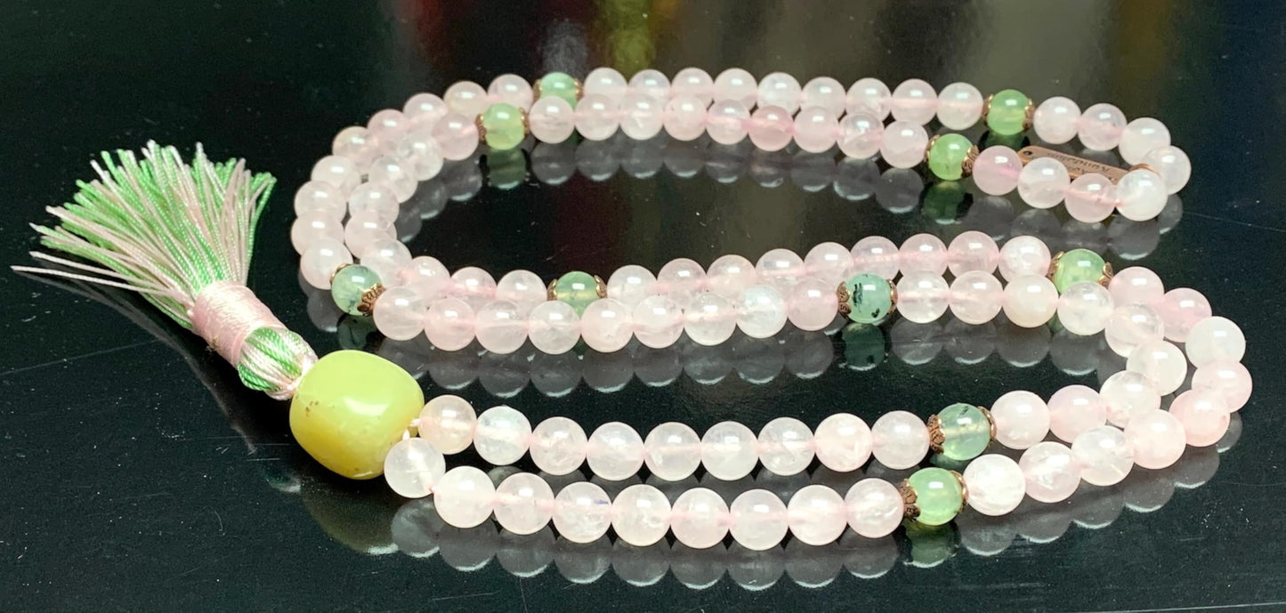 Handmade Blossoming Heart Mala – Rose Quartz & Prehnite Beads | 8mm 108 Beads | September & October Birthstones | Ethically Sourced