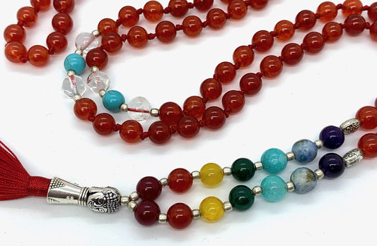 Energized 7 Chakra mala Hand Knotted 108 mala beads necklaces - Japa mala - Buddhist prayer beads - Meditation beads - Healing crystals for men women (Carnelian 1st chakra Root Chakra Mala)