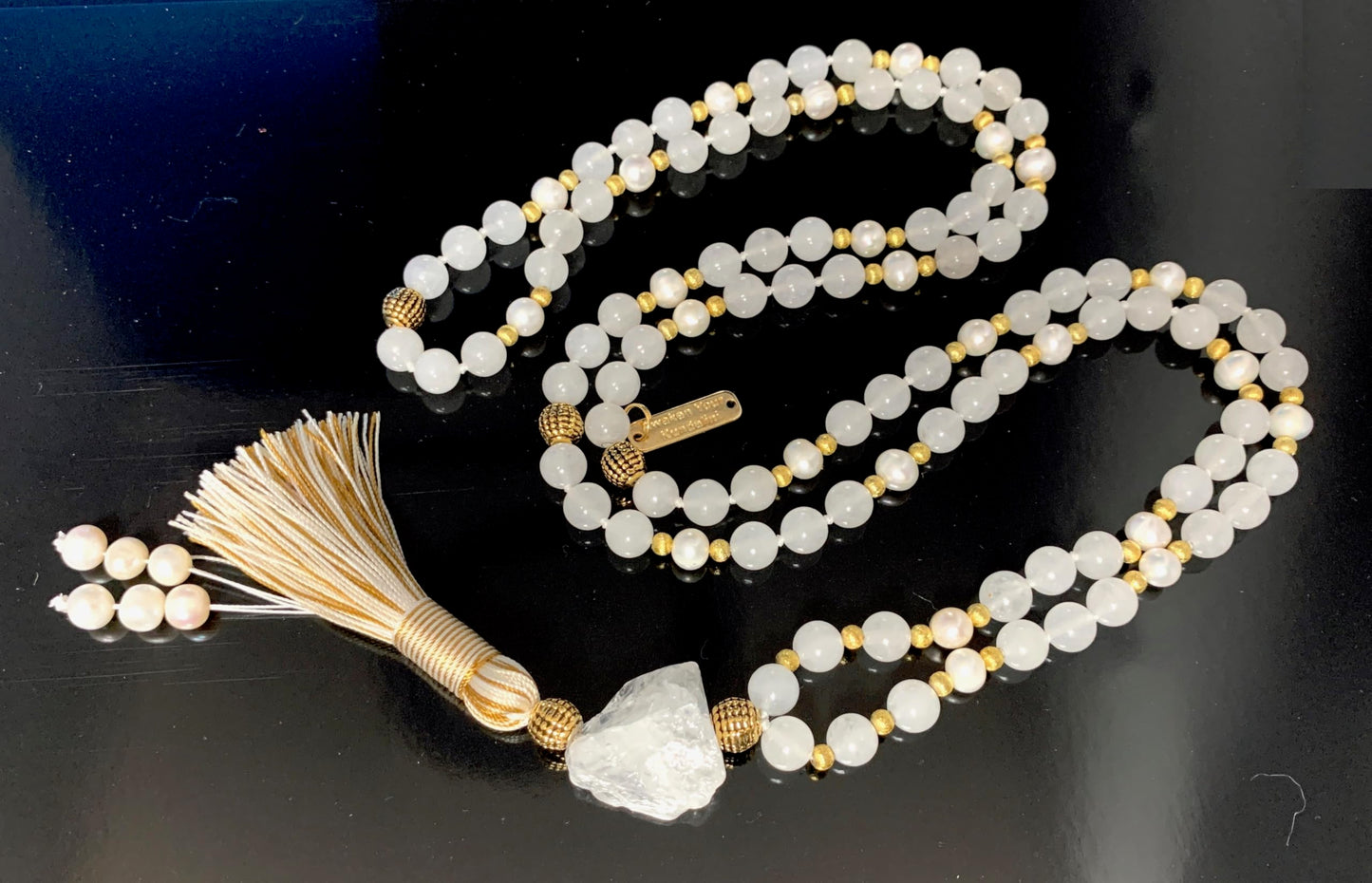 Hand-Knotted Selenite Pearl Mala Necklace with Hematite Guru Bead, 8mm, 108 Beads – Cancer Birthstone for June July - Third Eye Chakra Necklace