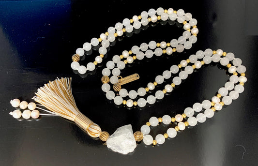 Hand-Knotted Selenite Pearl Mala Necklace with Hematite Guru Bead, 8mm, 108 Beads – Cancer Birthstone for June July - Third Eye Chakra Necklace