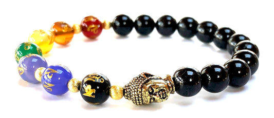 7 Chakra Black Tourmaline & Buddha Stretch Bracelet – 8mm Beads - Onyx Beads with "Om Mani Padme Hum" Inscription – Chakra Balancing & Zodiac Birthstones