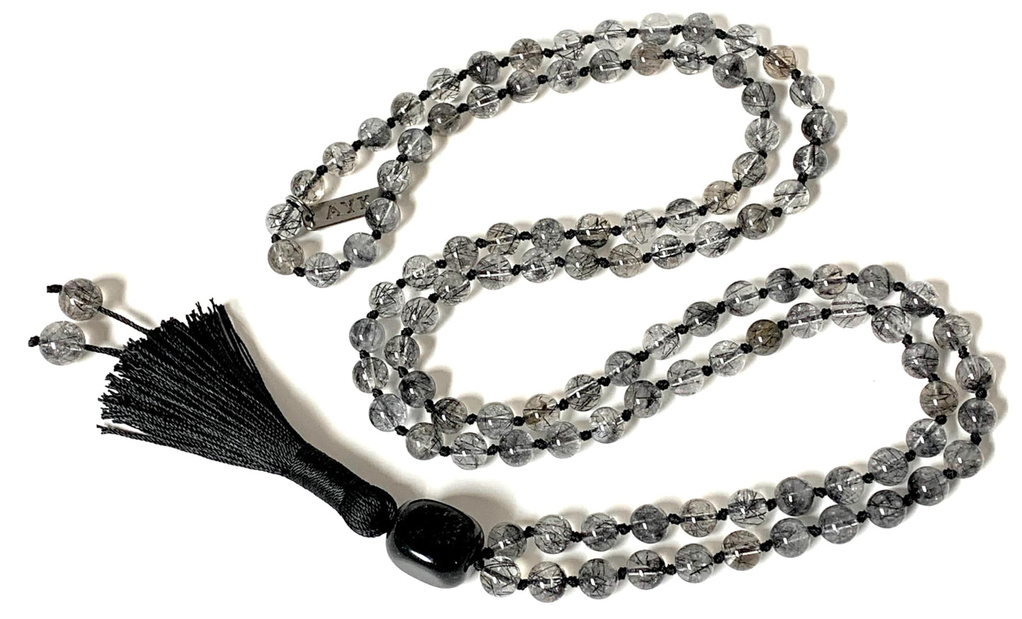 AAA Grade Rutilated Quartz Mala Necklace with Black Tourmaline Guru Bead – Hand-knotted 8mm 108 Beads | Crown & Root Chakras | April Birthstone Energy | Ethically Sourced